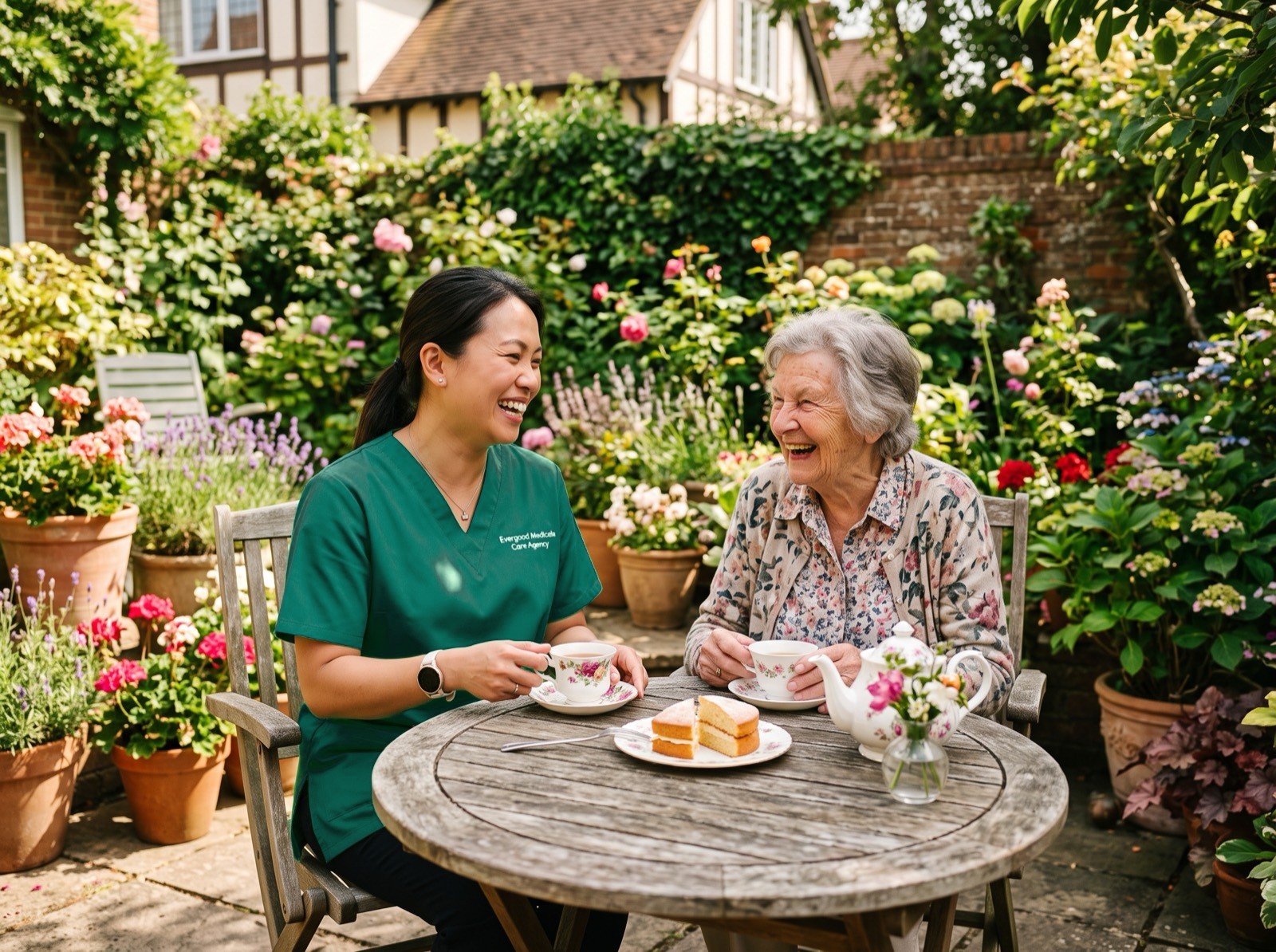 Evergood Medicals carer sharing tea and companionship during a domestic support visit in Crawley