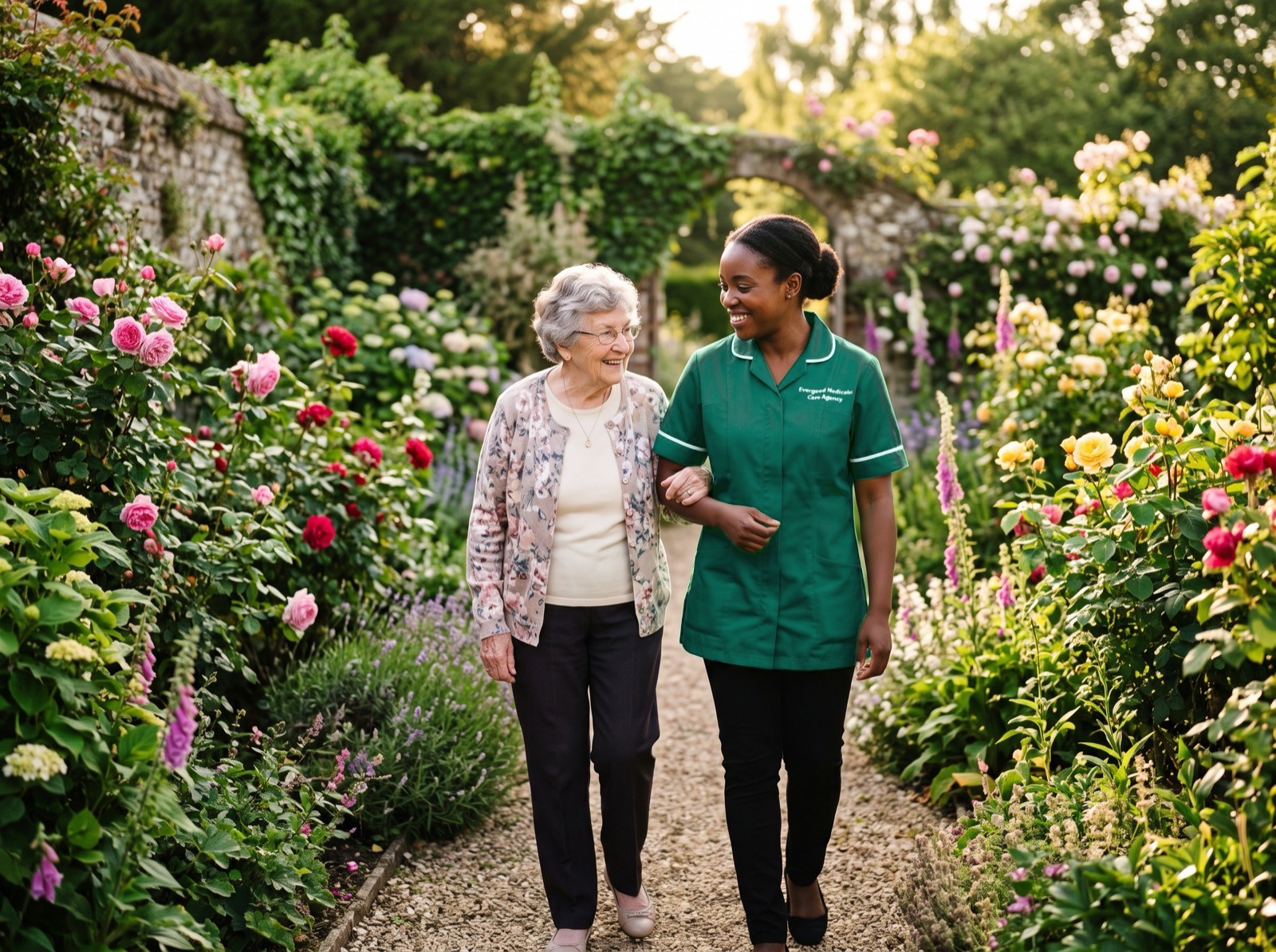 Evergood Medicals dementia carer enjoying a calm garden walk with a client in Crawley
