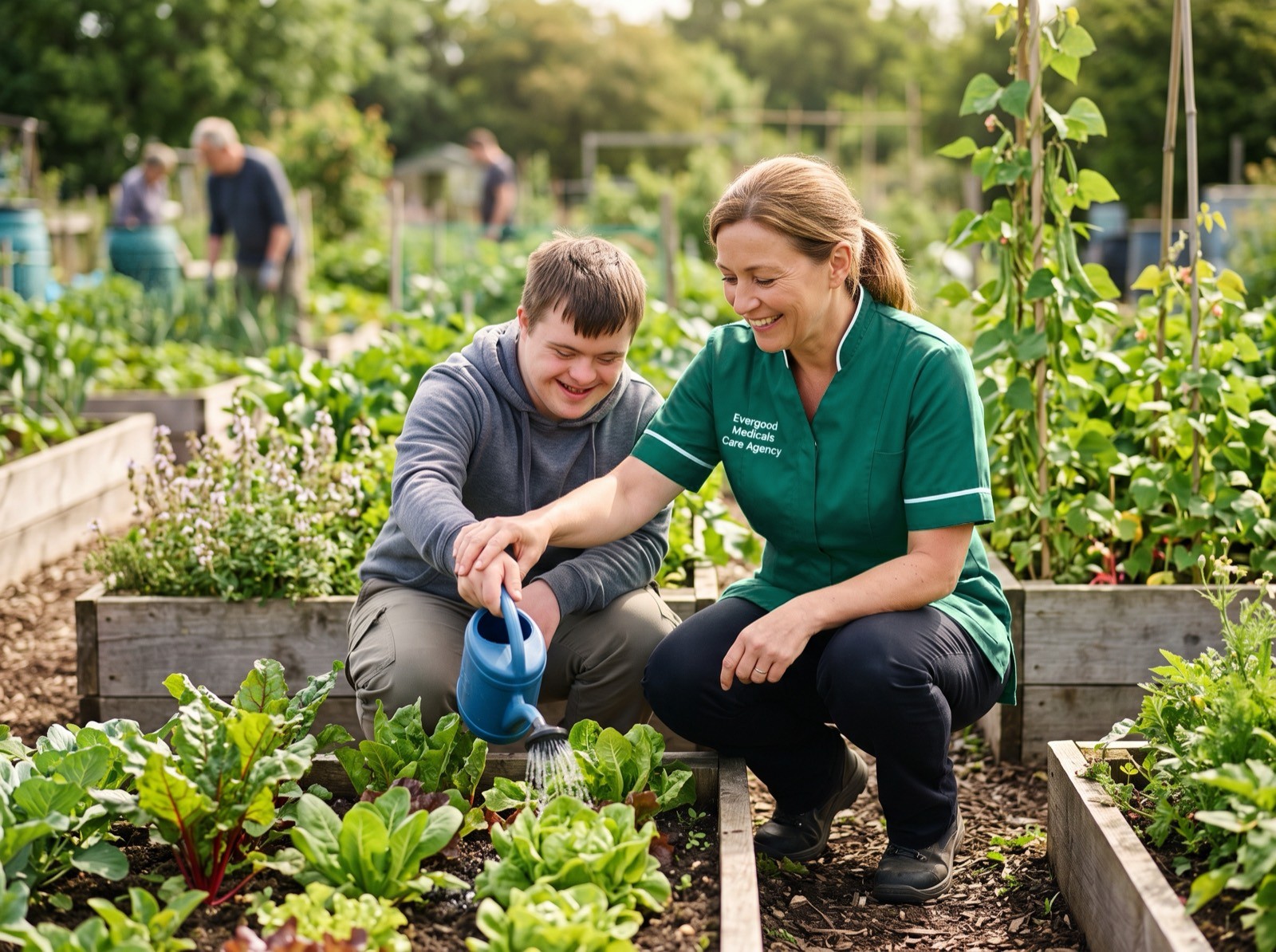 Evergood Medicals support worker and client gardening together during learning disabilities support in Crawley