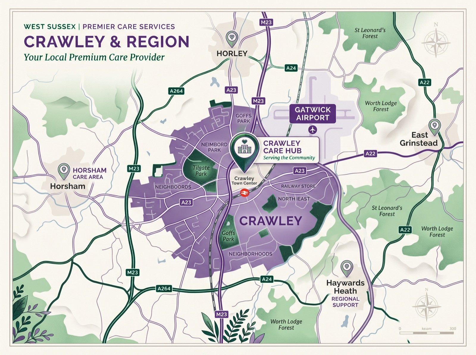 Map showing Evergood Medicals home care coverage across Crawley and West Sussex